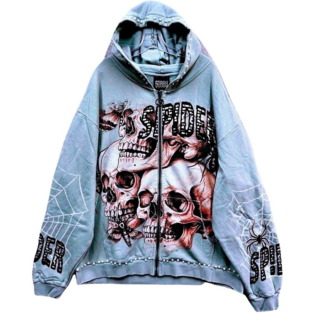 Stray Web Crawler Skull Full Zip Hoodie Mens 2XL Green Spider Y2K Pearls NWT
